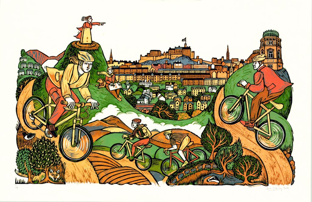 Drwaing of cyclists around Edinburgh